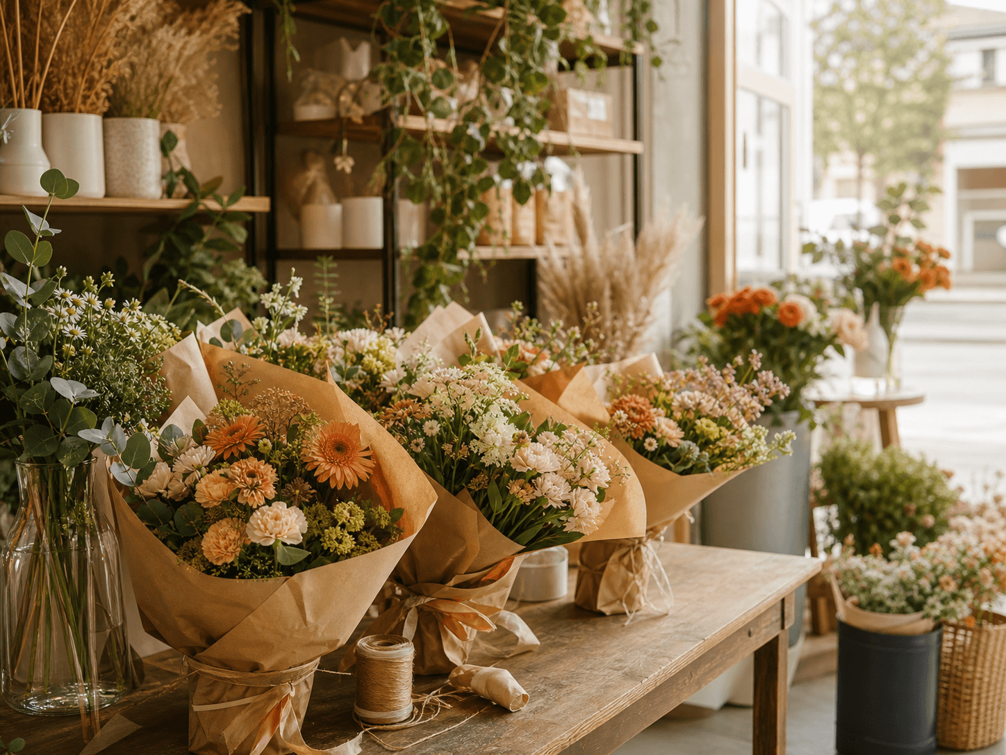 Fleuriste local avec bouquets mis en avant.